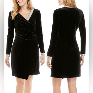 MSK Velour Rhinestone Accented Black Faux Wrap Dress